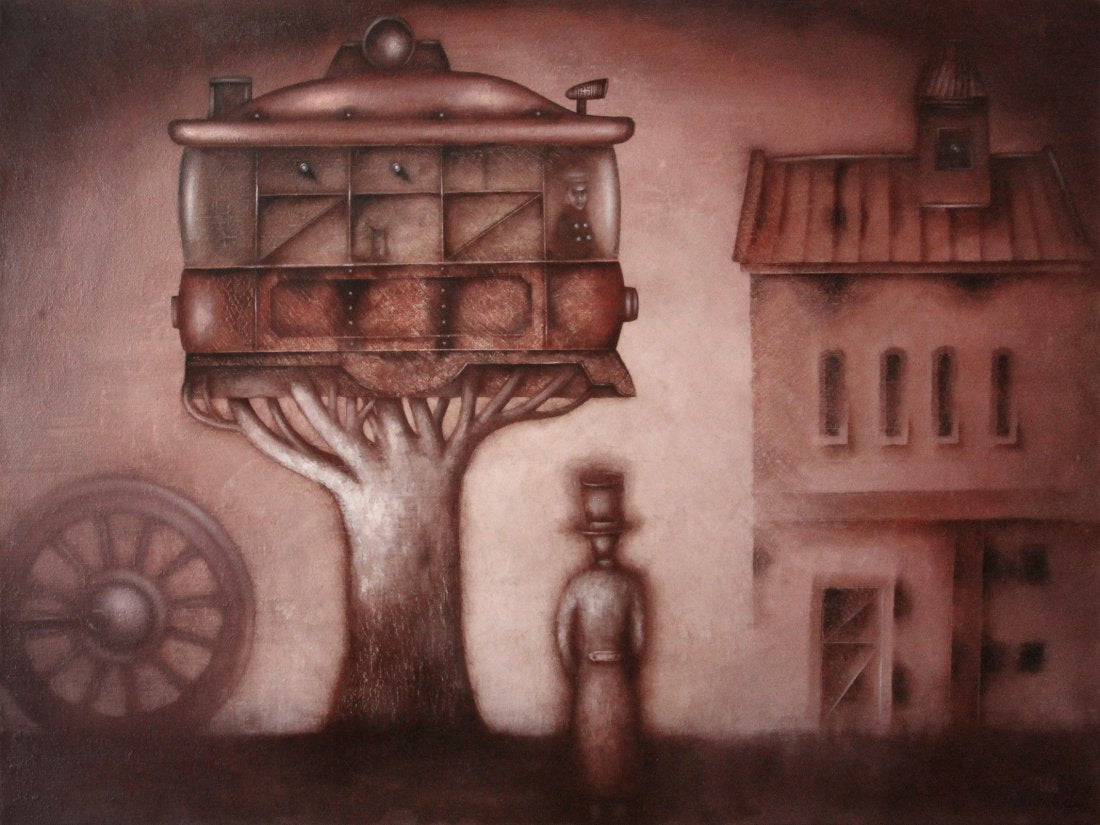 Monochromatic surrealist oil painting in Au Chico red-brown tones, depicting a vintage tram perched atop a tree and a solitary figure in a bowler hat.