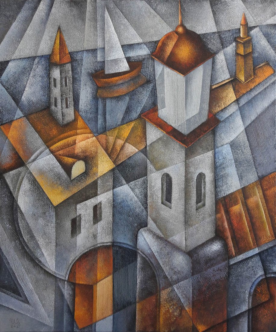 Original cubist city landscape oil painting depicting geometric seaside buildings, church towers and a sailboat in grey, blue and copper tones.