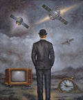 Modern surrealist oil painting of a man in a black suit and classical black bowler hat beneath flying satellites, with a vintage television and clock.