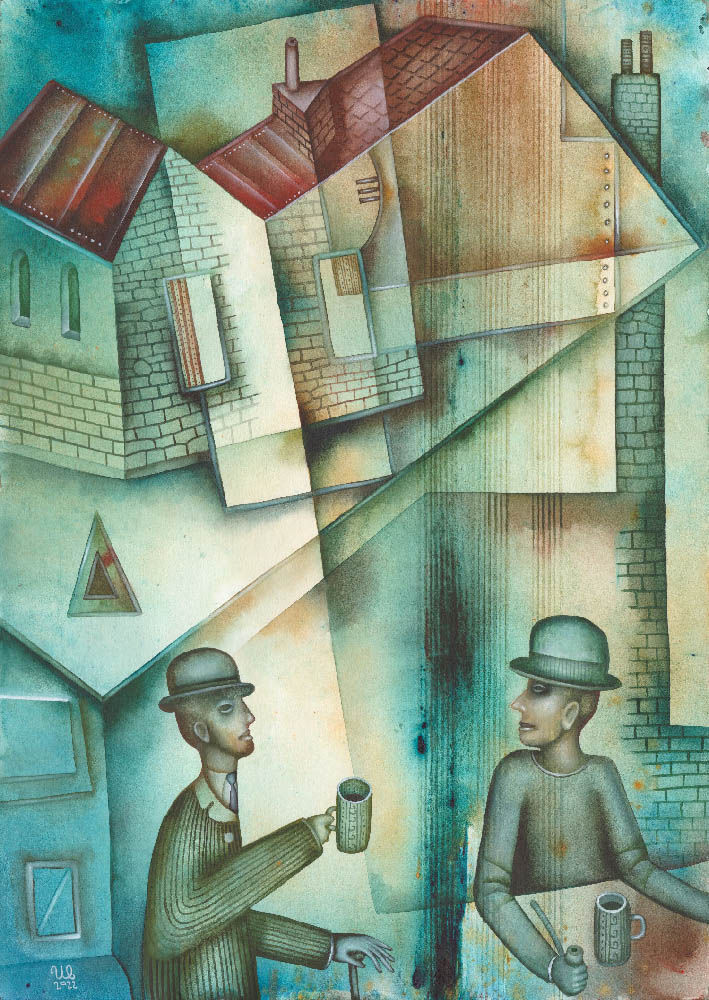 Teal modern wall art in watercolor by Eugene Ivanov, depicting two bowler-hatted men beneath a surreal arrangement of tilted geometric houses.