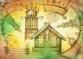 Autumn in the Village, a detailed watercolor painting of a village scene in warm autumn tones with rustic houses, one in a watercolor series.