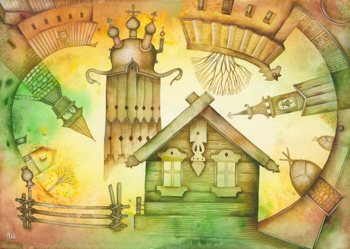 Autumn in the Village, a detailed watercolor painting of a village scene in warm autumn tones with rustic houses, one in a watercolor series.
