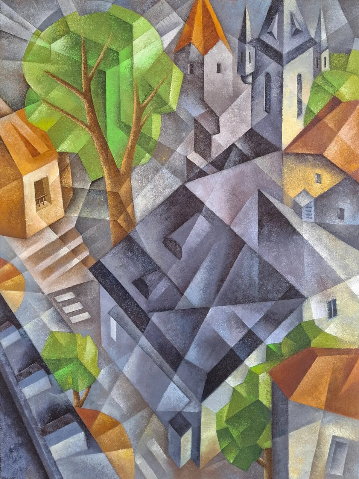Original cubist landscape oil painting depicting a geometric European village with steep rooftops, a church and bright green trees.