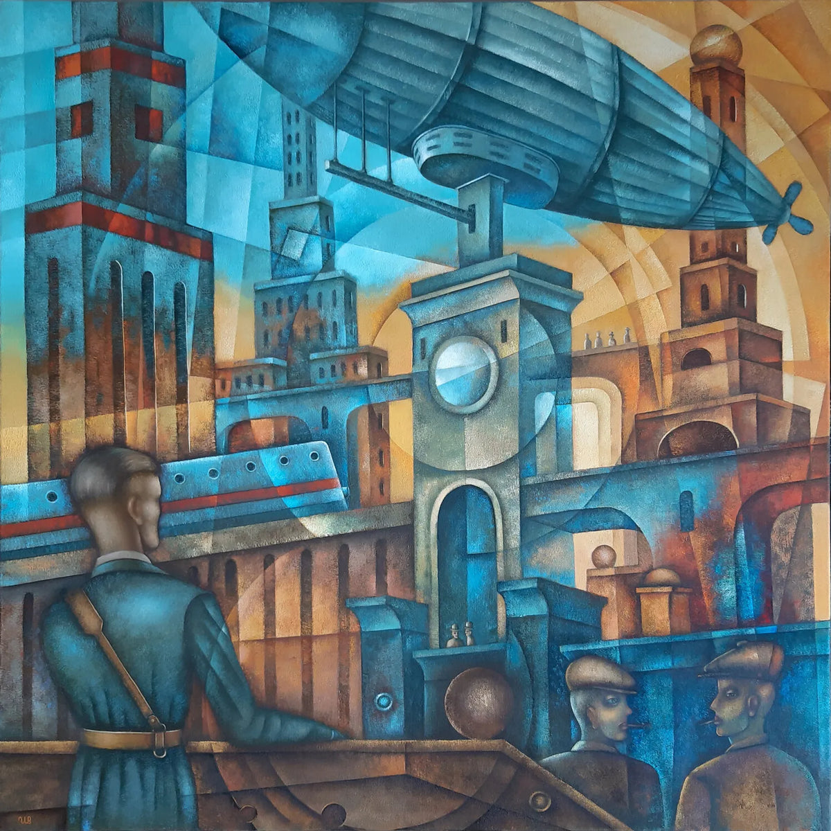 Surrealist city landscape oil painting with a blue airship floating above geometric towers and bridges, with vintage-dressed figures below.