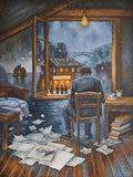 Contemporary surrealist oil painting of a man seated in a room strewn with papers, overlooking a dreamlike flooded city through an open window.