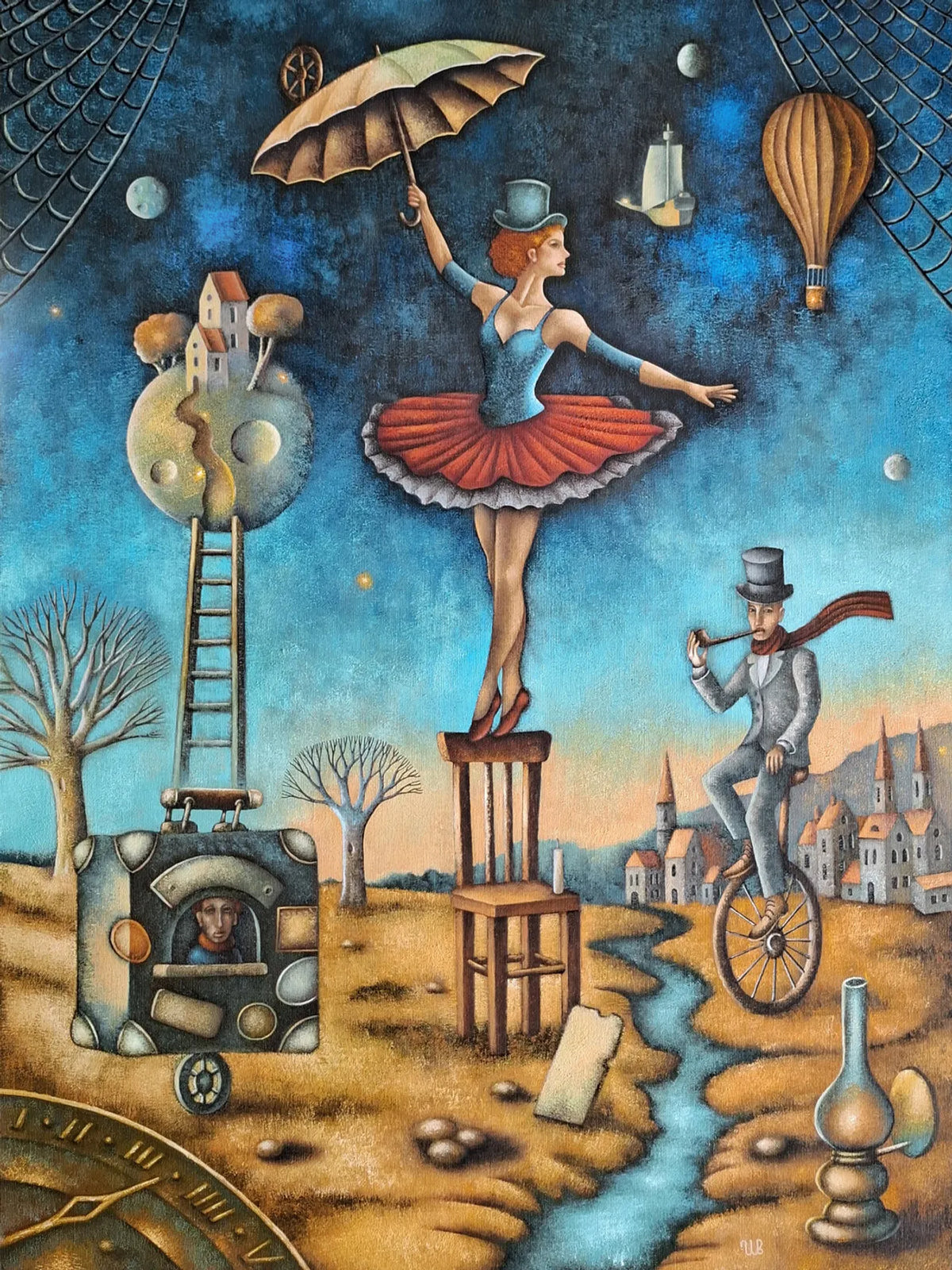 Playful surrealist oil painting of a ballerina balancing on a chair with an umbrella, beside a man on a unicycle in a whimsical landscape.