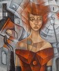 Original cubist female portrait oil painting of a woman in a red off-shoulder dress and tall hat, holding a cigarette against a geometric cityscape.